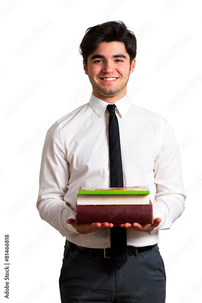 Young and smiling student holding books Young and smiling student holding books