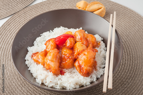 Sweet and sour chicken with rice photo