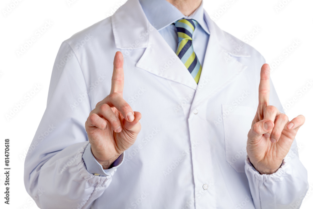 Man in medical coat raising both forefingers in a speech Man in medical coat raising both forefingers in a speech