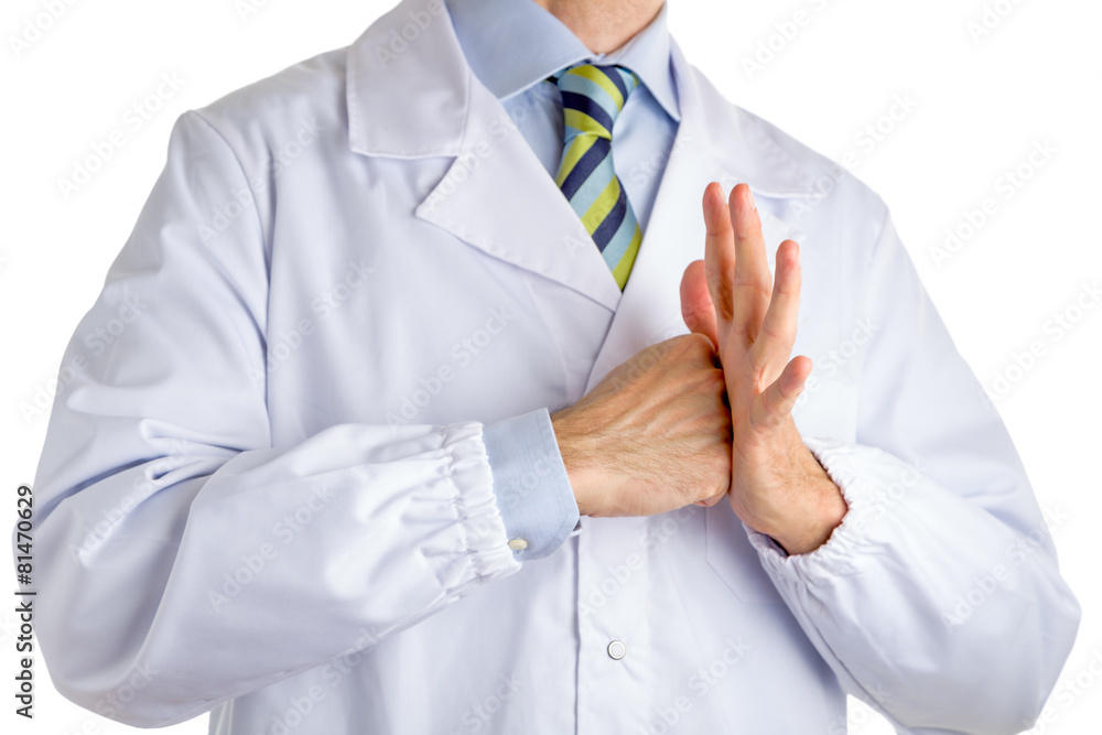 Punching a palm gesture by man in medical coat Punching a palm gesture by man in medical coat