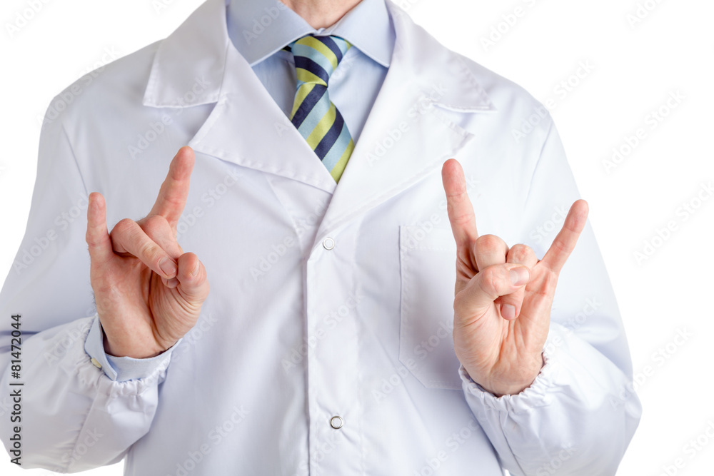 Man in medical coat making sign of the horns Man in medical coat making sign of the horns