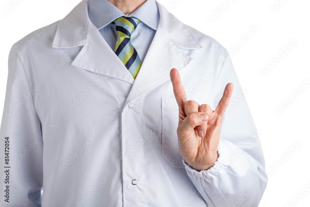 Man in medical coat making sign of the horns Man in medical coat making sign of the horns