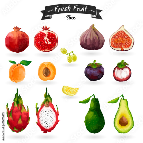 Set of fruits in watercolor style. Cut, slices. Tropical fruit
