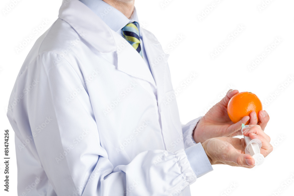 man in medical white coat makes an injection to orange man in medical white coat makes an injection to orange
