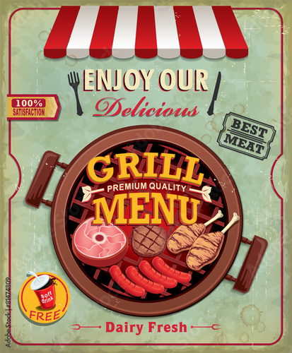 Vintage BBQ poster design with sausage, meat, chicken