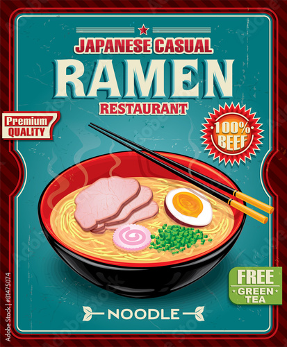 Vintage ramen poster design with noodle and hot soup