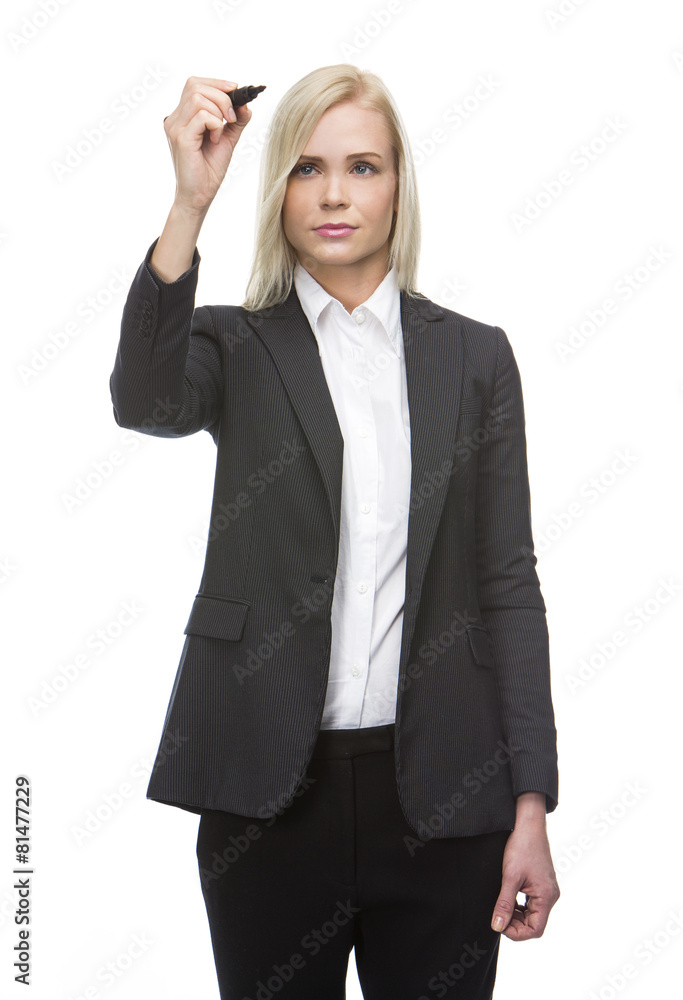 serious blonde businesswoman writing with a marker pen serious blonde businesswoman writing with a marker pen