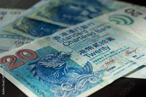 Some 20 dollar Hong Kong banknotes close up