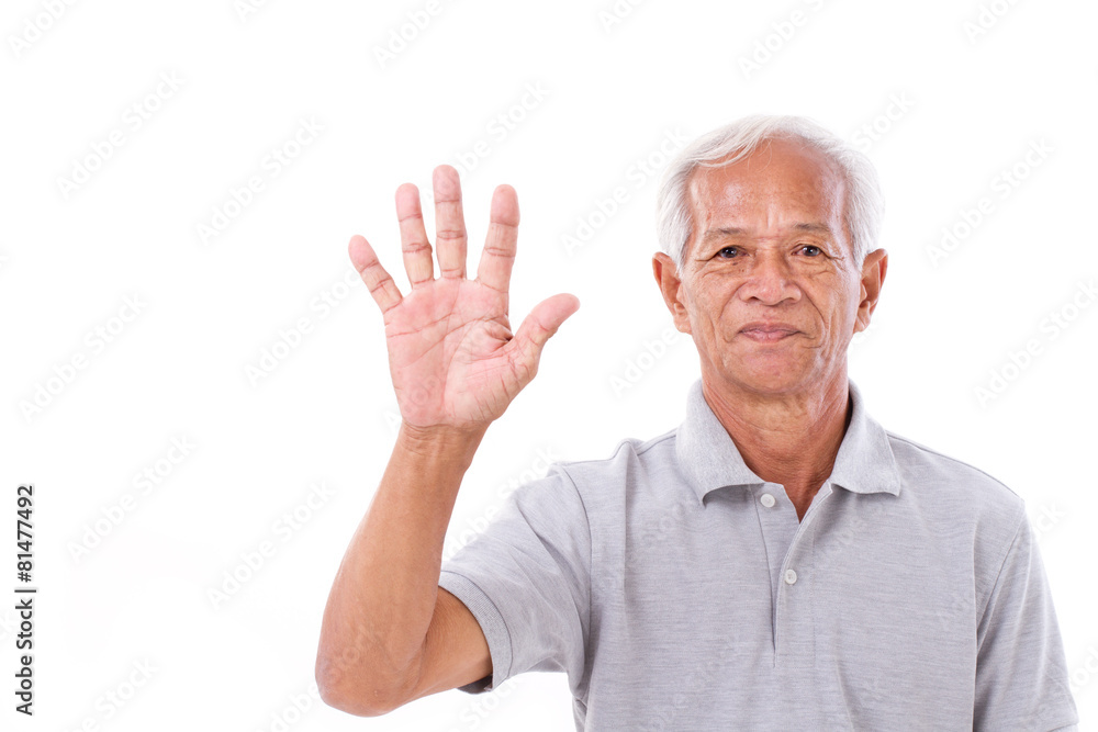 old man raising 5 fingers or his palm old man raising 5 fingers or his palm