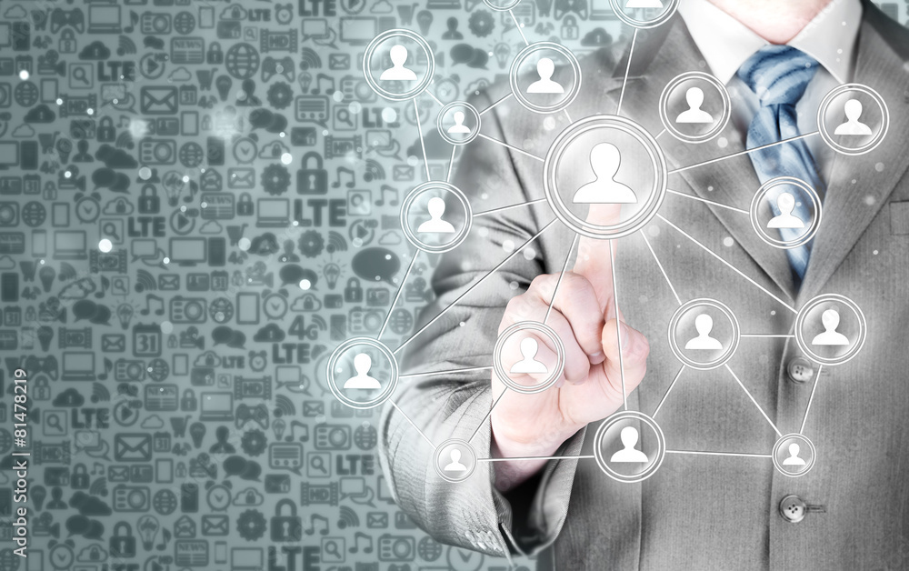 man hand pressing social media icon