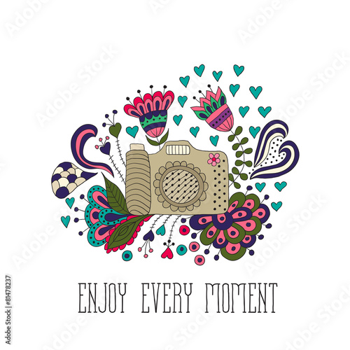 Fototapeta Naklejka Na Ścianę i Meble -  Photo camera with motivational quotes, remember every moment