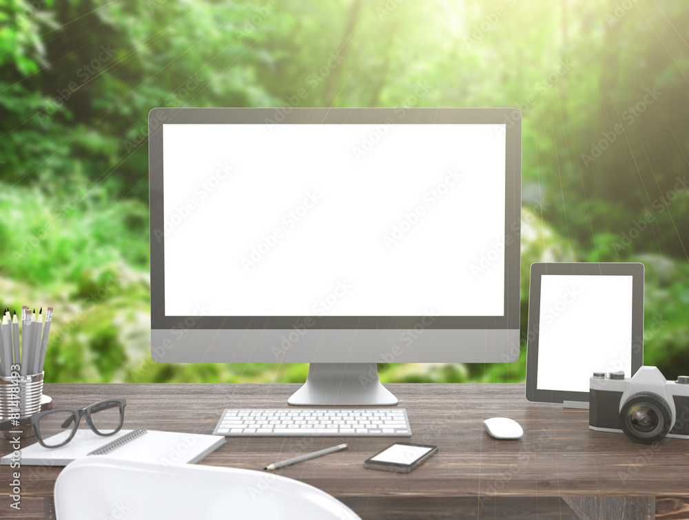 Fototapeta premium 3D illustration PC screen on table, Workspace on nature