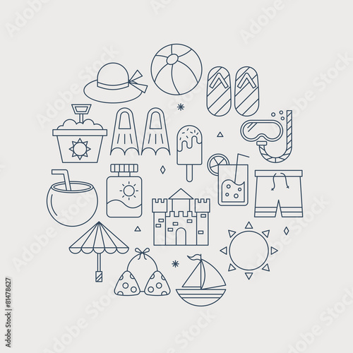 summer line icon circle set