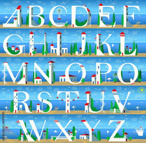 Summer Alphabet. Cute Sea Town
