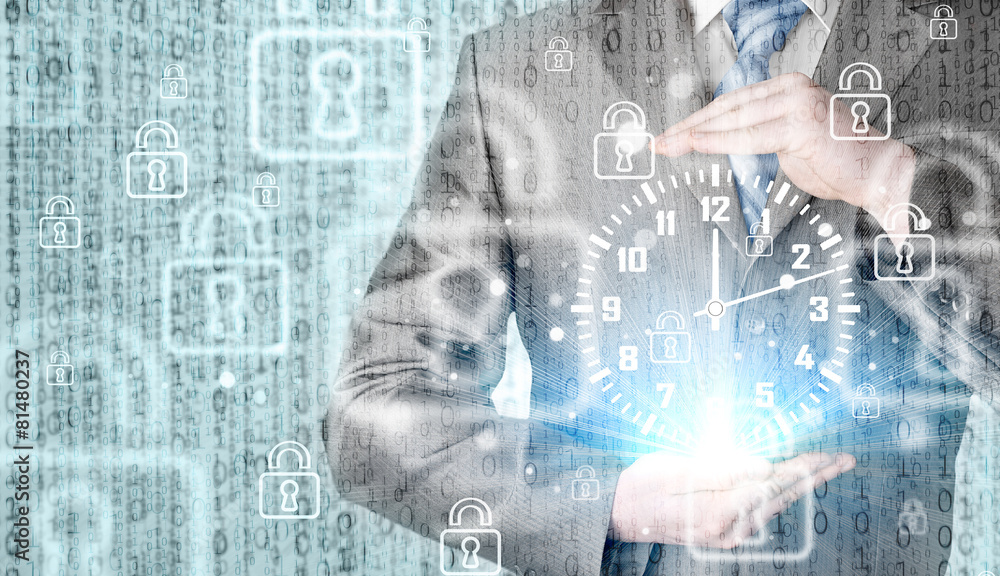 Image of businessman holding clock against illustration Image of businessman holding clock against illustration