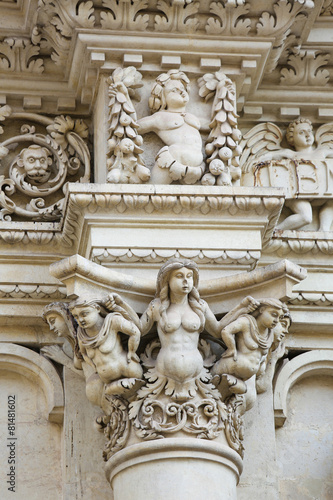 Sculptures at the Santa Croce baroque church in Lecce, Italy