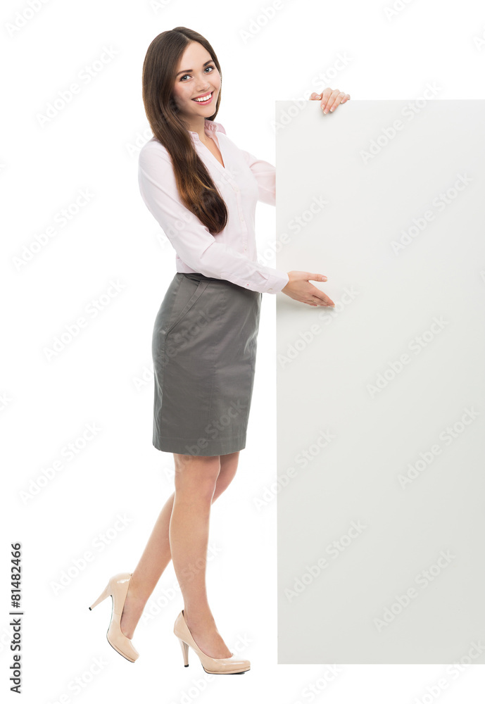 Beautiful woman holding big white poster Beautiful woman holding big white poster