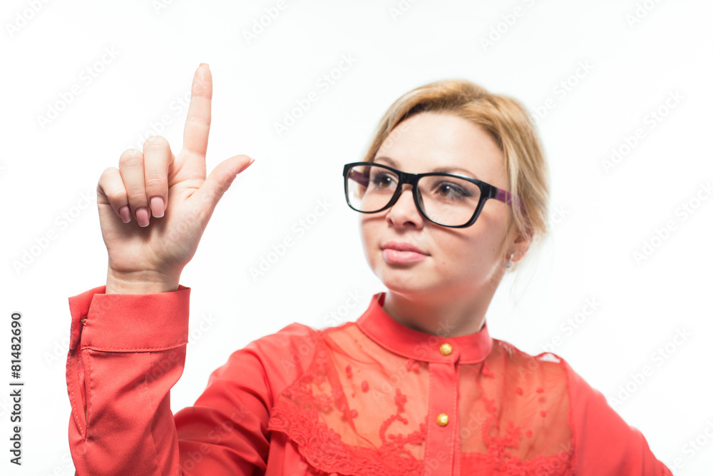 Happy business woman pointing an idea - isolated  white