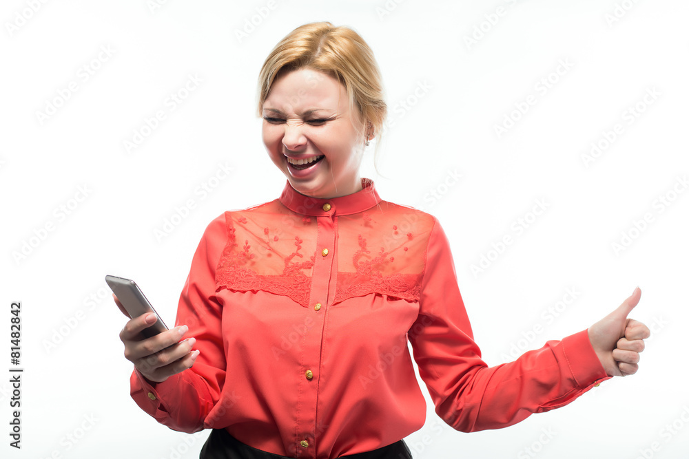 Naklejka premium business woman holding a phone in their hands, shouting