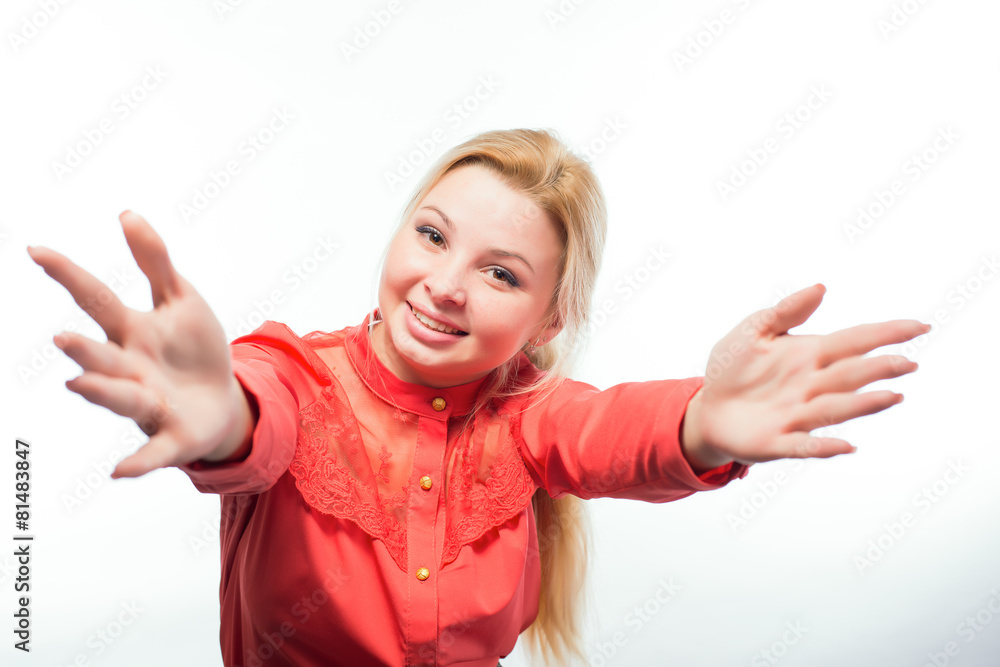Business woman stretches out hand Business woman stretches out hand