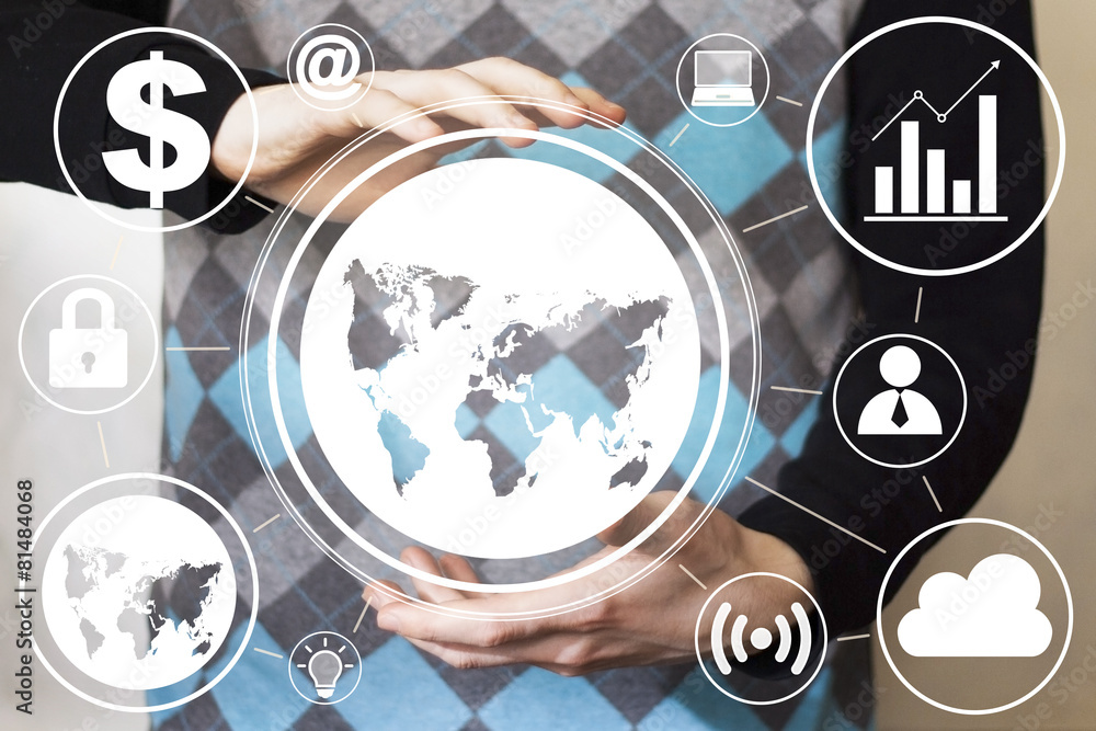 Businessman touch button interface online map icon Businessman touch button interface online map icon