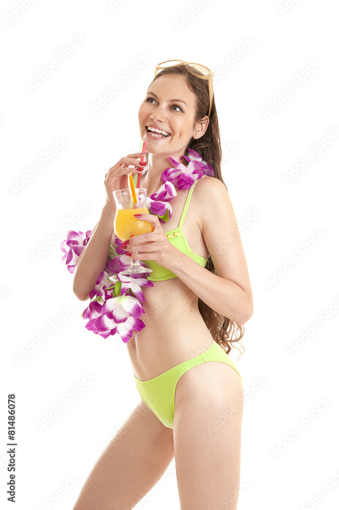 Portrait of happy smiling Hawaiian woman drinking orange coctail Portrait of happy smiling Hawaiian woman drinking orange coctail