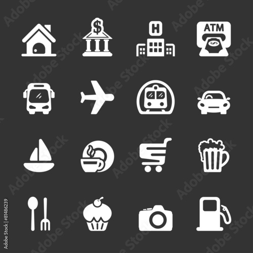 travel map location icon set, white version, vector eps10