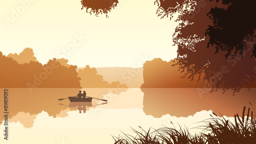 Vector couple on lake against orange sunset.