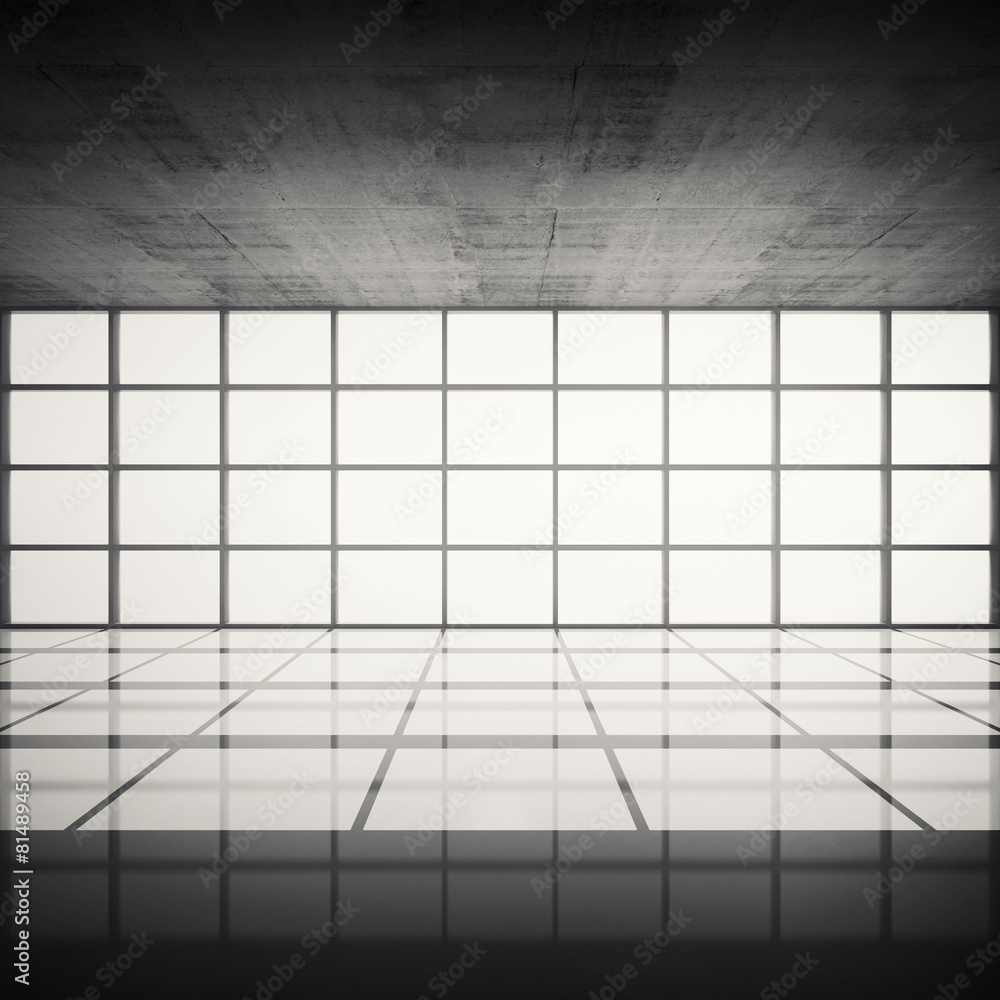 Concrete interior with bright windows in modern frames Concrete interior with bright windows in modern frames