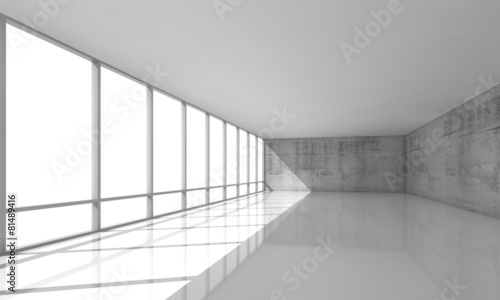 White open space interior with windows and gray walls, 3d