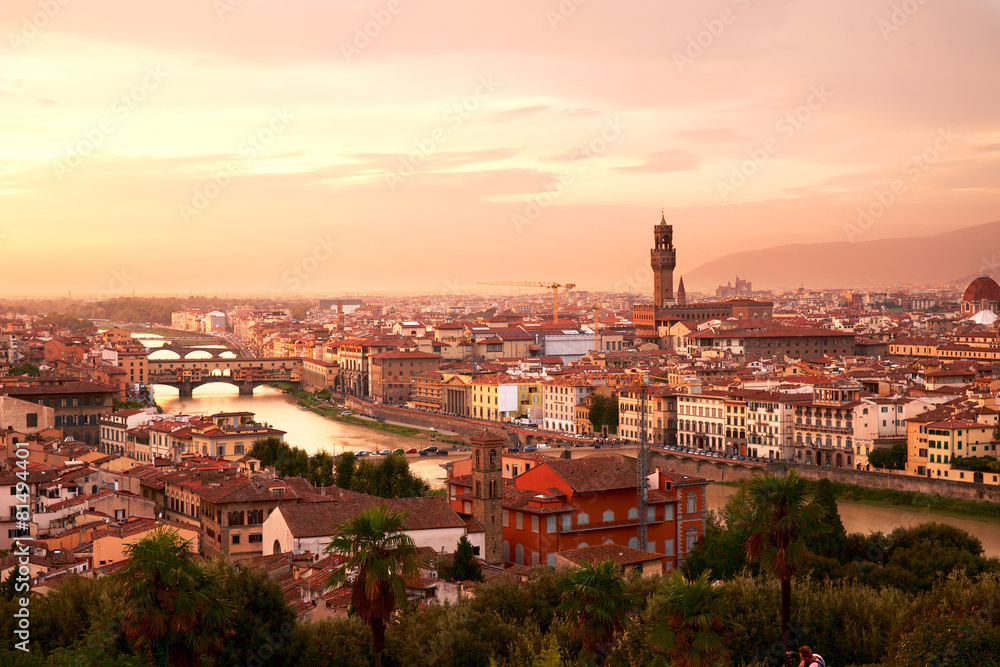 Florence, Arno River and Ponte Vecchio at sunset, Italy