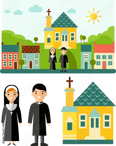 Vector illustration of a religious people, priest ,nun, church