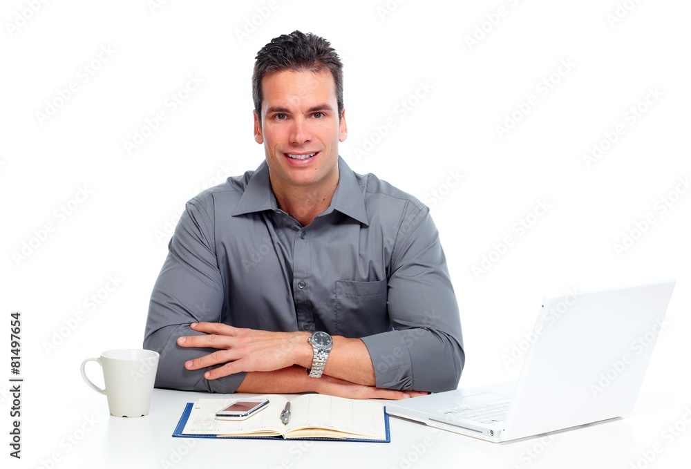 Man working with laptop computer.