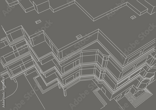 architectural linear sketch building on gray background