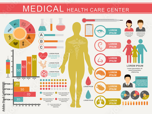 Set of Medical Health Care Center with human infographics.