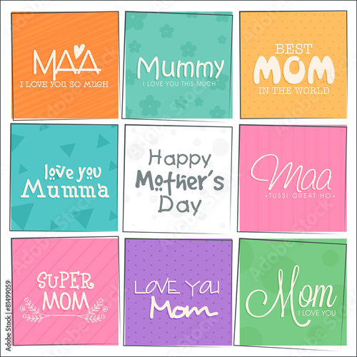 Set of greeting cards for Happy Mother's Day celebration.