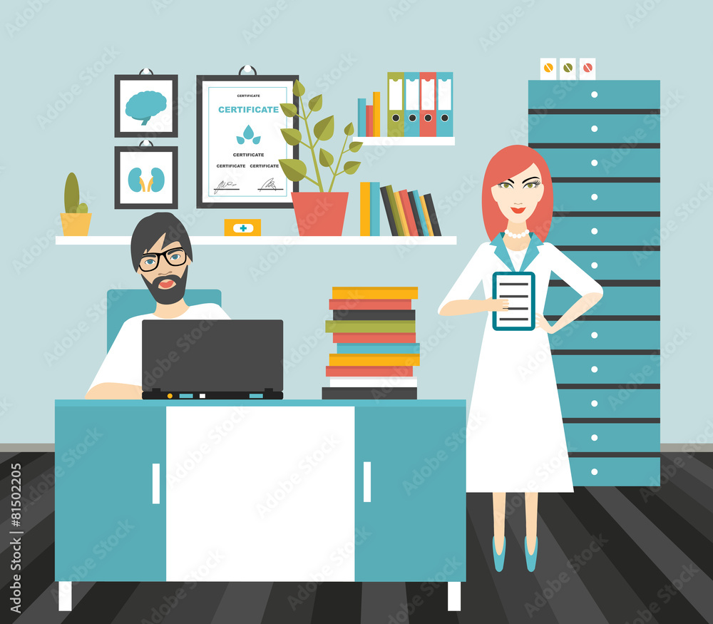 Doctor and nurse office workplace. Flat vector illustration. Doctor and nurse office workplace. Flat vector illustration.