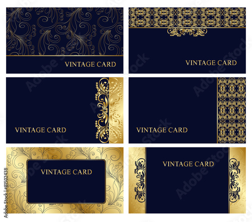 Set of templates with floral elements for cards. Gold, blue.