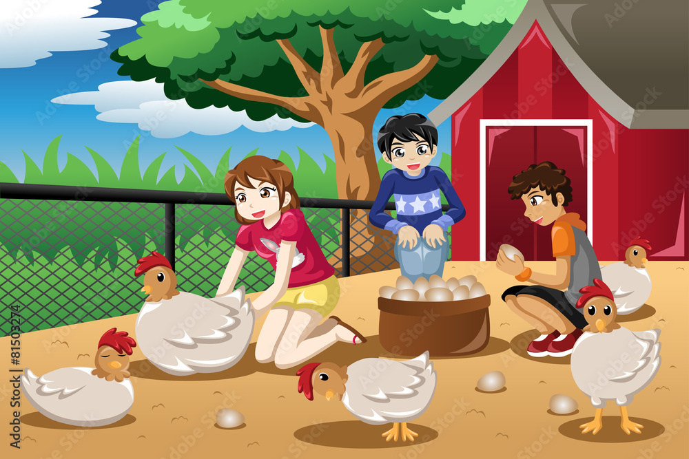 Children collecting eggs from the farm Children collecting eggs from the farm