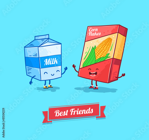 Vector funny cartoon. Funny cornflake and milk.  Best friends.