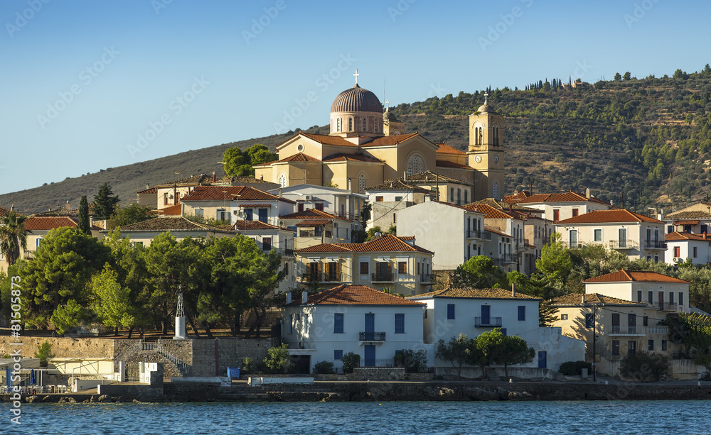 View from the sea of buildings harbor Galaxidi in Greece.