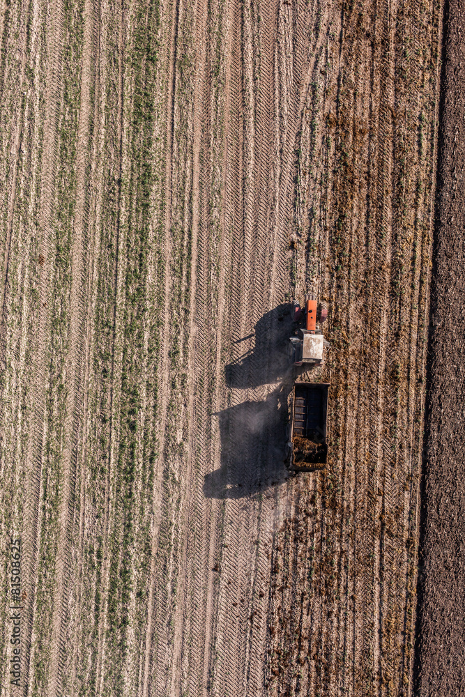 Fototapeta premium aerial view of harvest fields with tractor