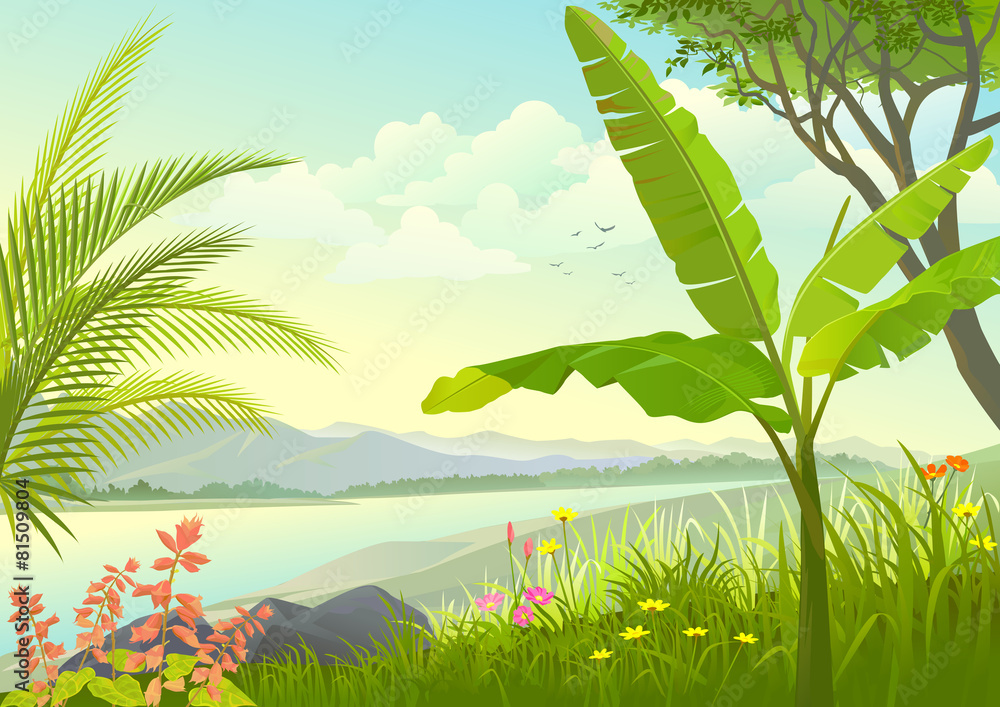 Naklejka premium Grassy land by the lake