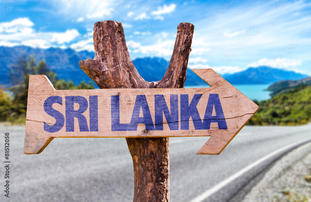 Sri Lanka wooden sign with road background