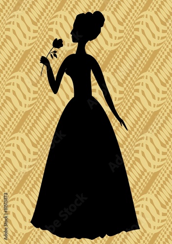Vintage vector silhouette of a woman with rose in hand 