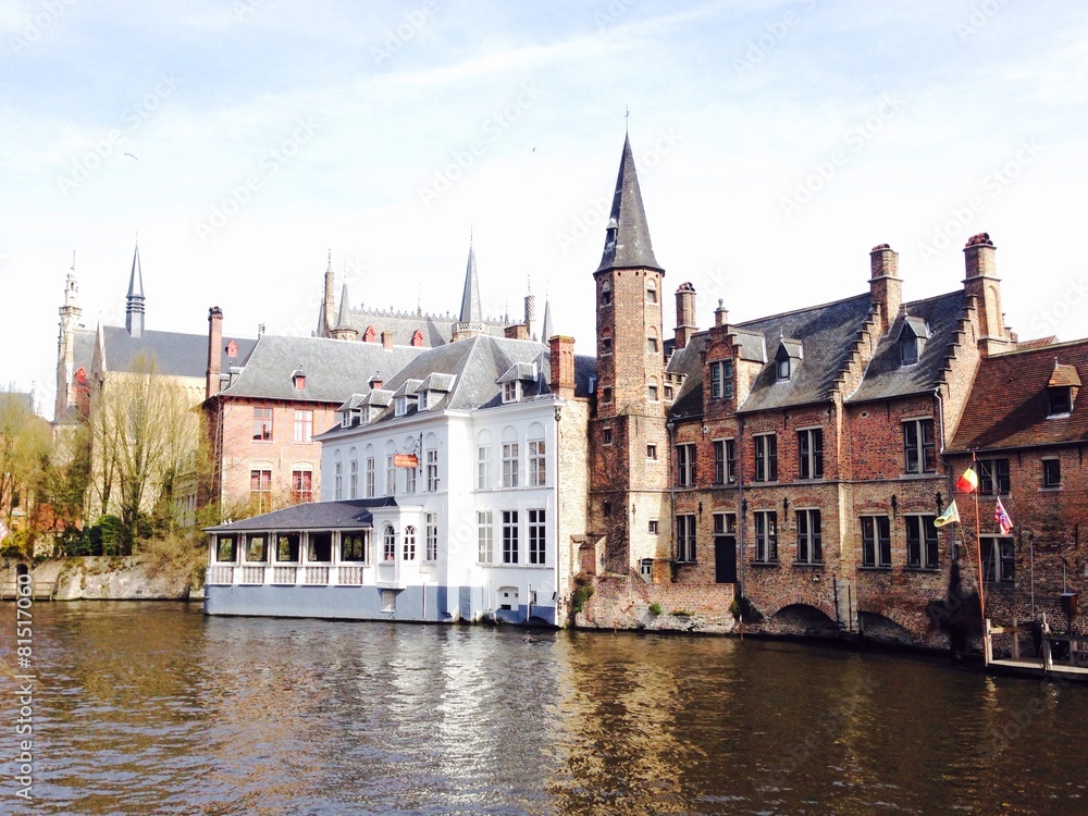 The canal and historical architecture in Bruges, Belgium, Europe