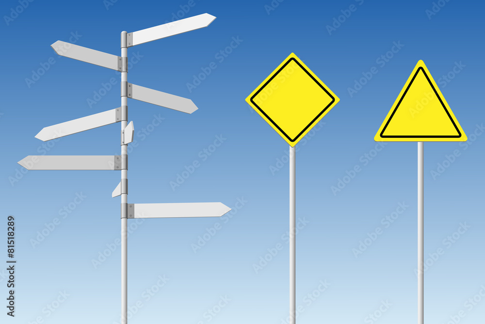 Choice and warning concept. Blank direction signpost and guard r Choice and warning concept. Blank direction signpost and guard r