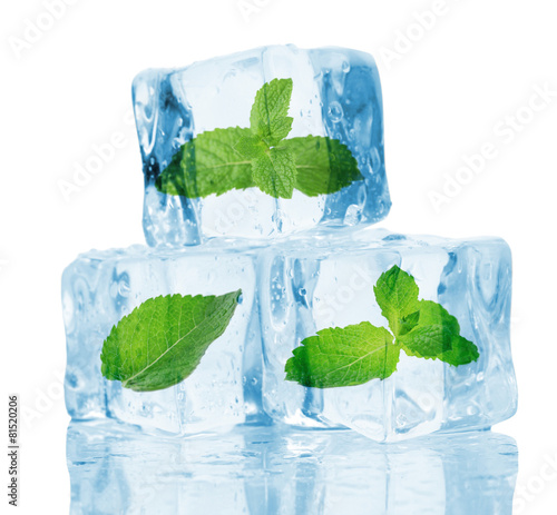Ice cubes with mint, isolated on white
