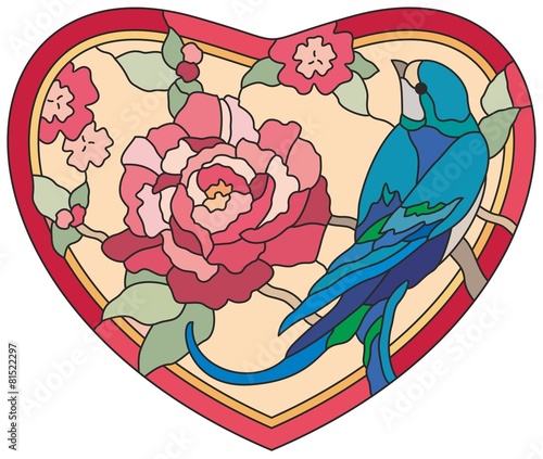 Stained glass window Birds flowers heart