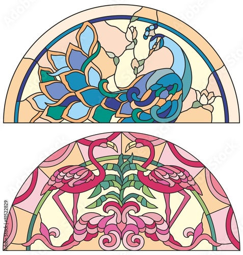 Stained glass window peacock, pink flamingo